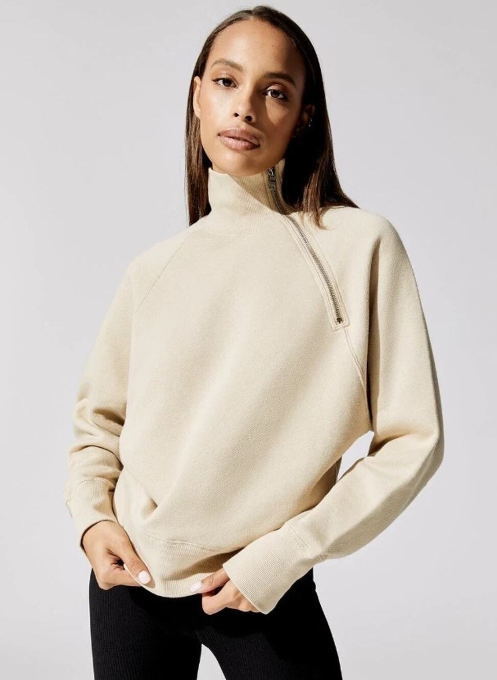 MARISSA WEBB So Uptight funnel neck zip beige tan cotton mock sweater top